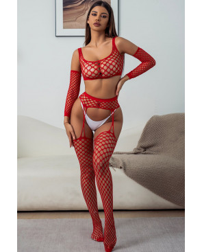 Ensemble Lingerie 3 pièces rouge en résille large - J Lingerie