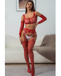 Ensemble Lingerie 3 pièces rouge en résille large - J Lingerie