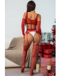 Ensemble Lingerie 3 pièces rouge en résille large - J Lingerie