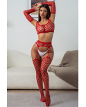 Ensemble Lingerie 3 pièces rouge en résille large - J Lingerie