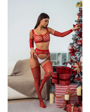 Ensemble Lingerie 3 pièces rouge en résille large - J Lingerie
