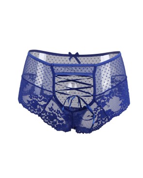 Tanga lacé dentelle taille haute Bleu - Litolu Lingerie