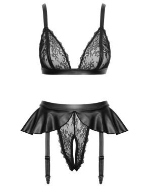 Soutien-gorge et slip fendu à jarretelles noir - Cottelli LINGERIE